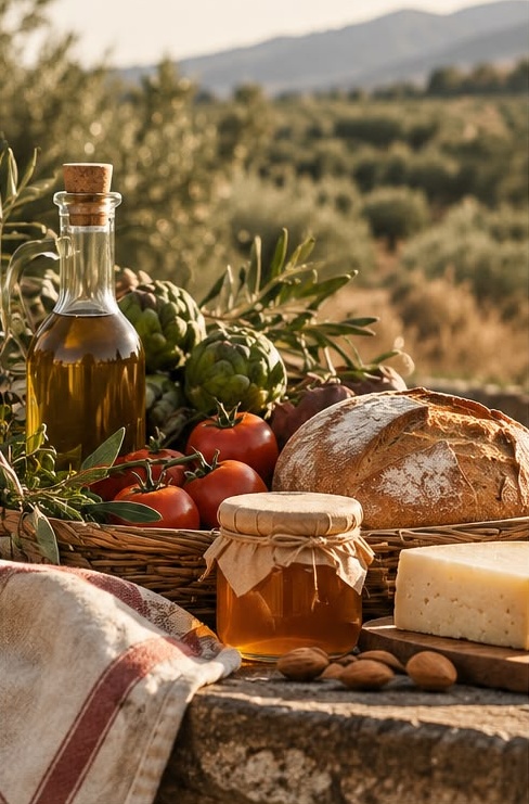 Aceite, pan, miel y verduras sobre una mesa junto al campo